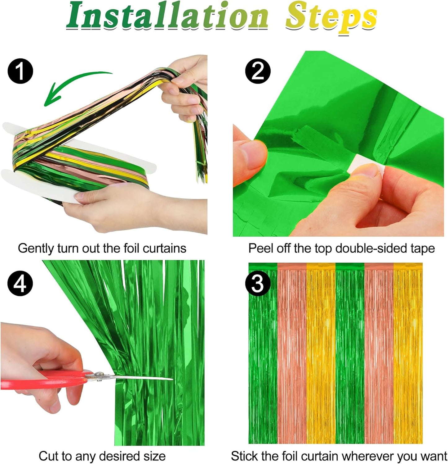4 Pack Hawaiian Party Decorations, 3.28 FT x 7.05 FT Hawaii Tinsel Backdrop, Green Brown Yellow