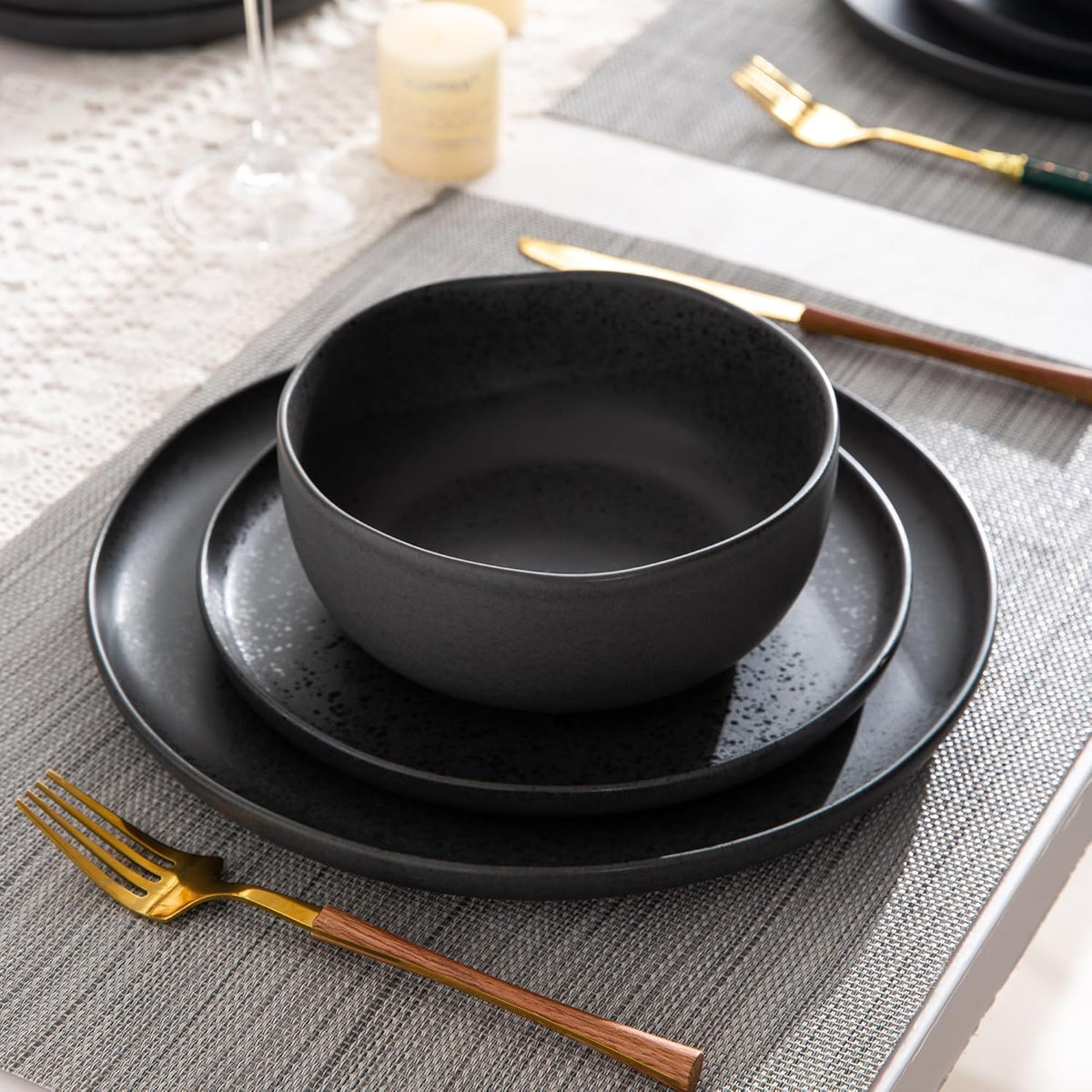 AmorArc Ceramic Dinnerware Sets, Wavy Rim Stoneware Plates and Bowls Sets, Highly Chip and Crack