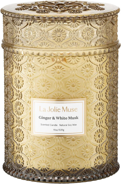LA JOLIE MUSE Fall Candle | Ginger & White Musk Candle – Ginger, Lemongrass & Musk | 19 oz Wooden