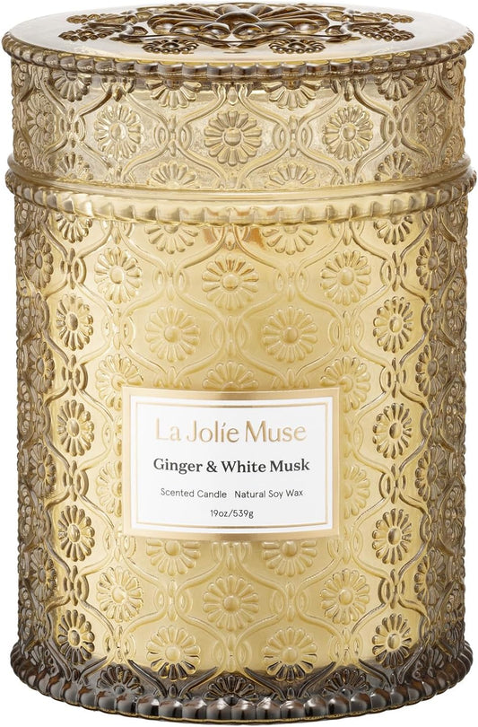 LA JOLIE MUSE Fall Candle | Ginger & White Musk Candle – Ginger, Lemongrass & Musk | 19 oz Wooden