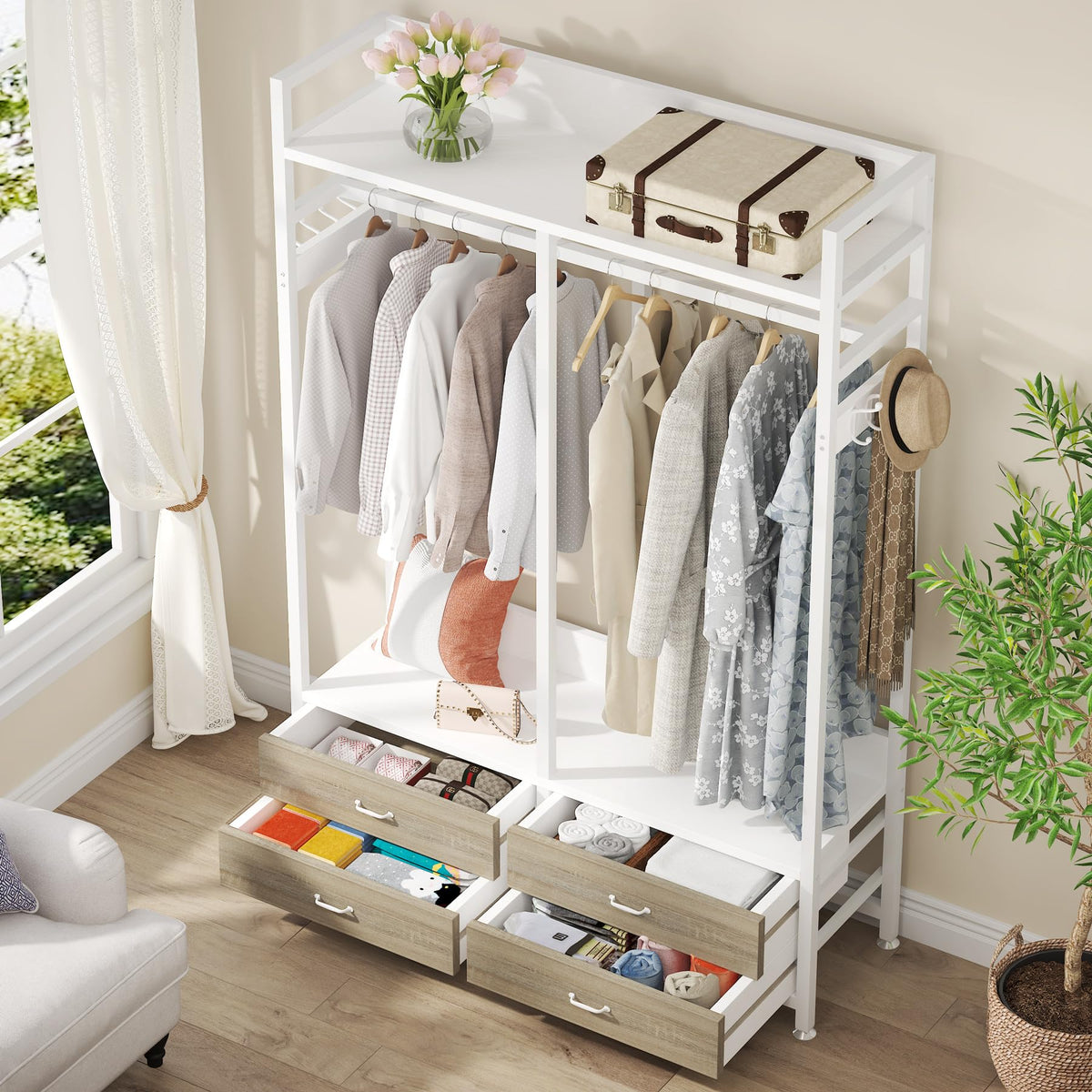 Tribesigns Freestanding Closet Organizer, Garment Rack with 4 Drawers