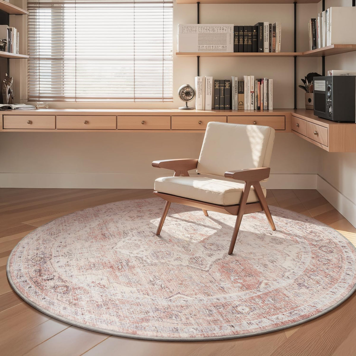 AMOAMI 6FT Round Vintage Soft Pink Rug - Non Slip Circle Machine Washable Rug for Living Room