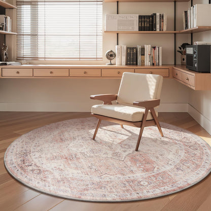 AMOAMI 6FT Round Vintage Soft Pink Rug - Non Slip Circle Machine Washable Rug for Living Room