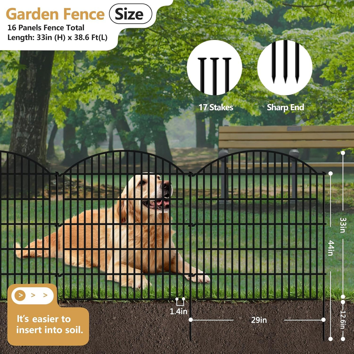 16 Panels Decorative Garden Metal Fence, 33in (H) x 38.67ft (L) No Dig Dog Fencing for Outdoor