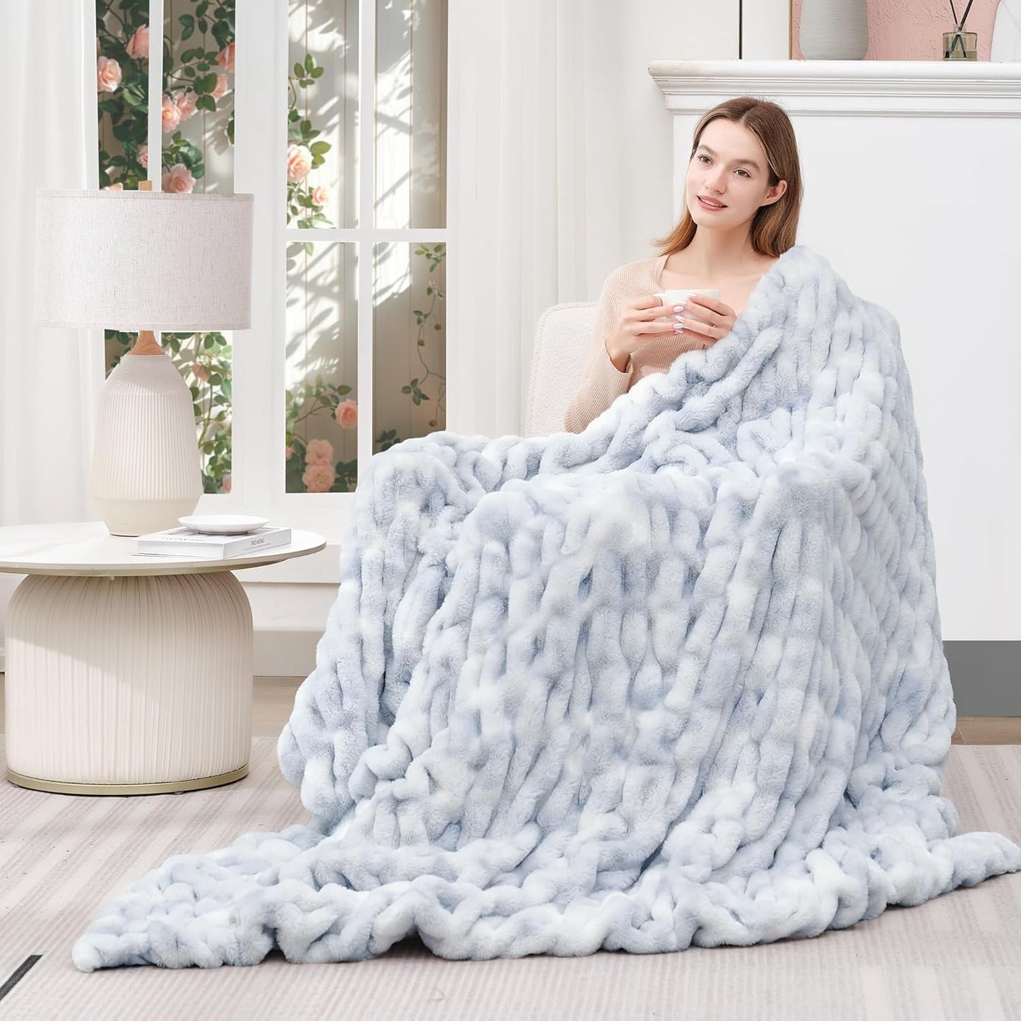 Touchat Ruched Faux Rabbit Fur Throw Blanket, 700 GSM Luxury Dual-Sided Soft Cozy Blanket, Fuzzy