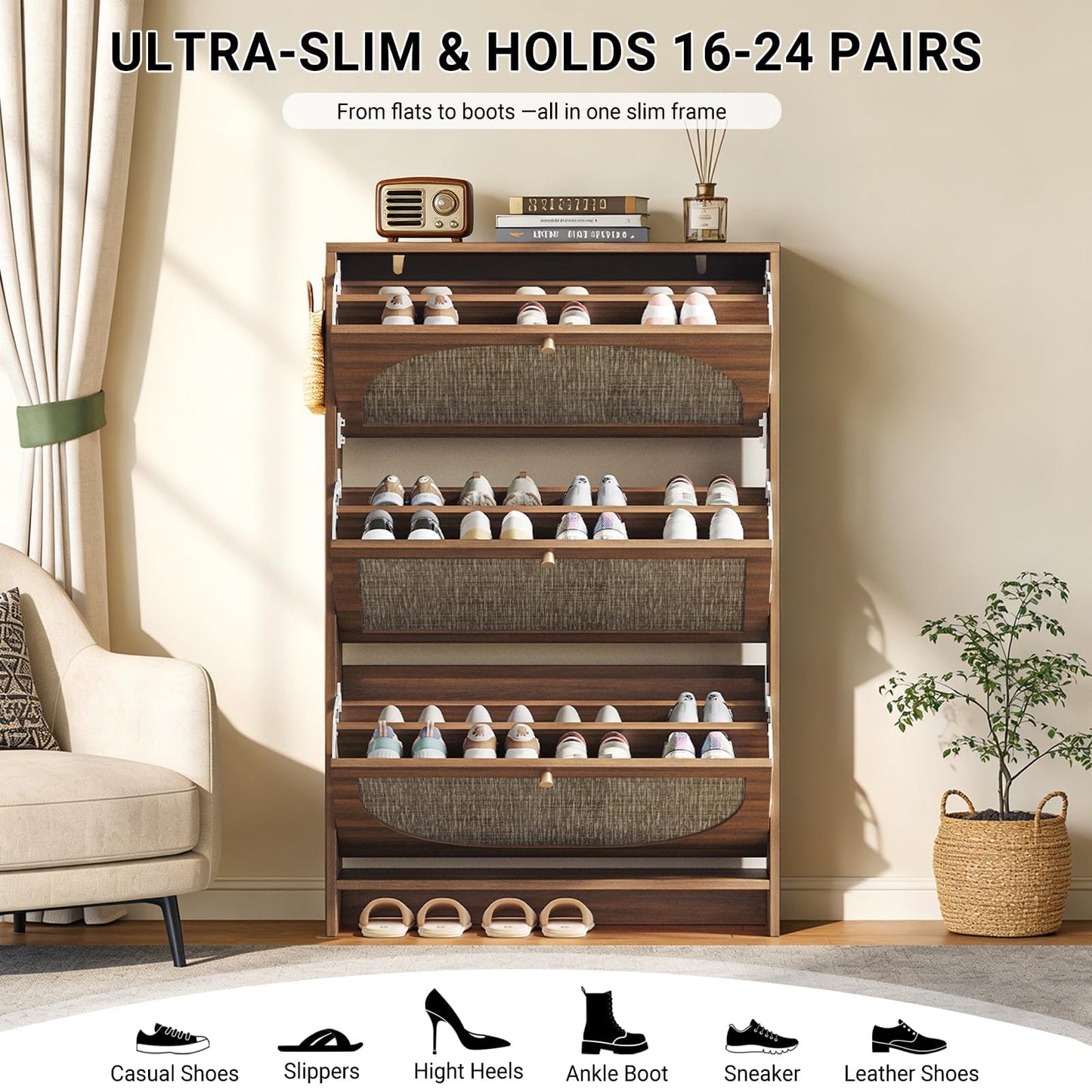 Nicetree Rattan Arched Accent Shoe Storage Cabinet - Freestanding Ultra Slim for Entryway, 3 Flip