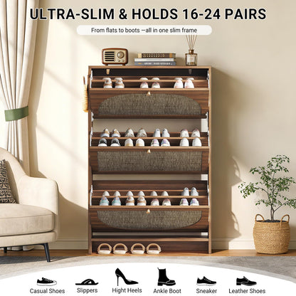 Nicetree Rattan Arched Accent Shoe Storage Cabinet - Freestanding Ultra Slim for Entryway, 3 Flip