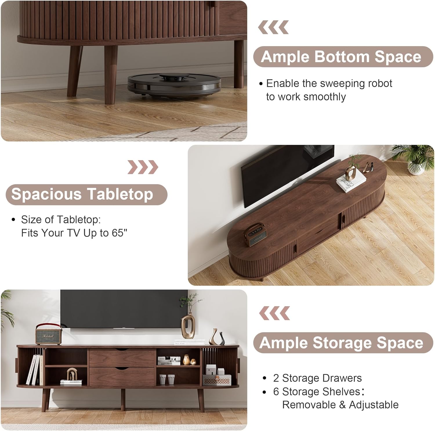 55" Mid Century TV Stand, Fluted TV Stand Fits 32" to 60" TVs. Wood Entertainment Center for Living