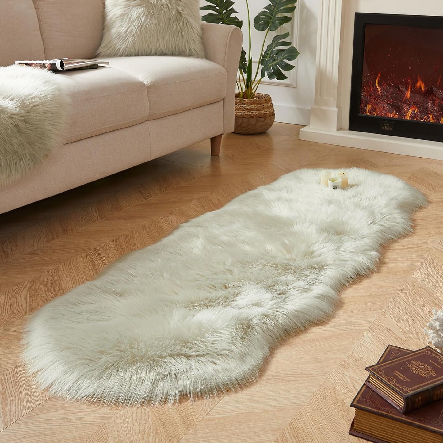 AMTOVO Faux Sheepskin Rug, Light Grey Ultra Soft Fluffy Shag Area Rug, 2 x 6 ft Faux Fur Rug for