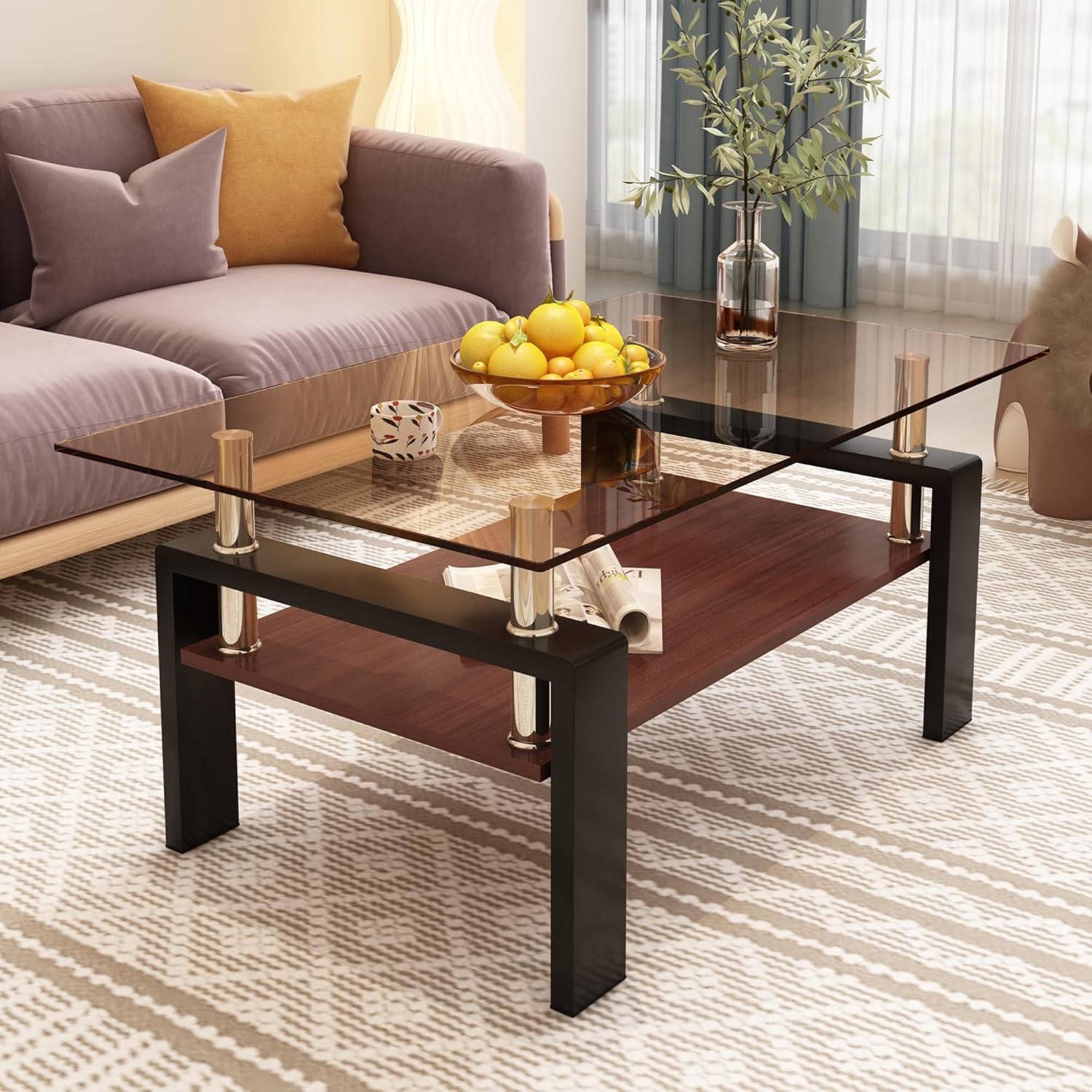 39" Brown Glass Coffee Table Walnut Modern Living Room Center Table Rectangle, with Wooden MDF