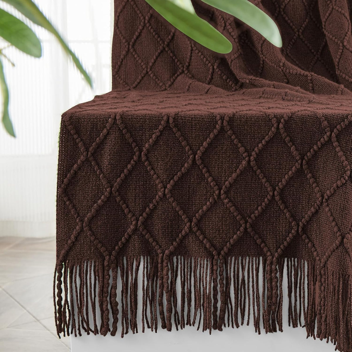 inhand Knitted Throw Blankets for Couch and Bed, Soft Cozy Knit Blanket with Tassel, Diamond Brown