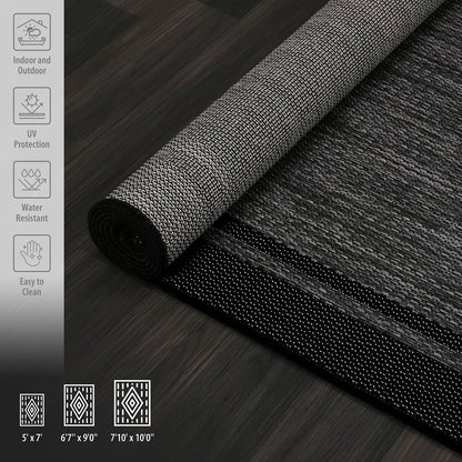 CAMILSON Indoor Outdoor Rug, 5x7 Bordered Dark Grey Black Modern Area Rugs for Indoor and Outdoor