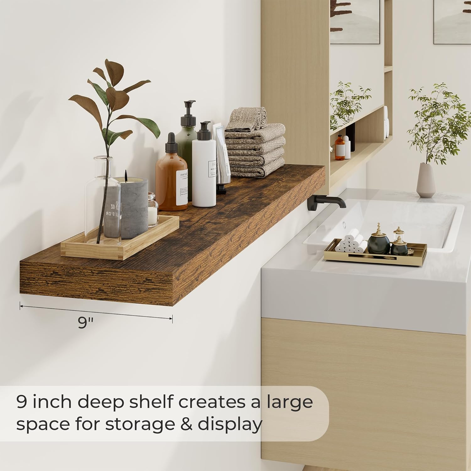 48 inch Floating Shelves for Wall Large Wall Mounted Shelves with Invisible Brackets, Brown Long