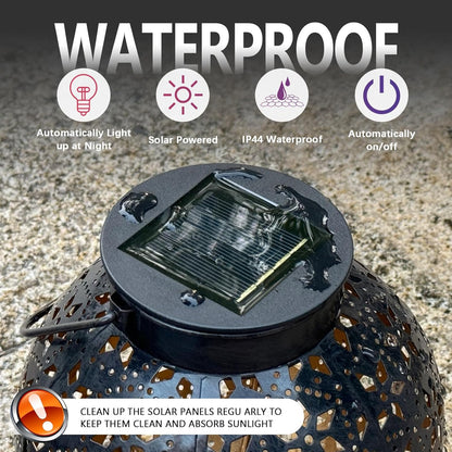 2 Pack Outdoor Solar Lantern Lights, Waterproof Tabletop LED Moroccan Lanterns, Hanging Metal