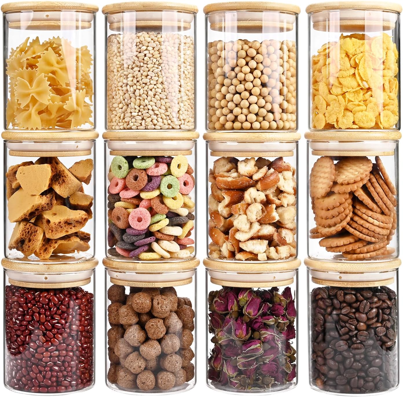 17oz Glass Food Storage Jars, Glass Jars with Bamboo Lids, Kitchen Storage Jars, Set of 12