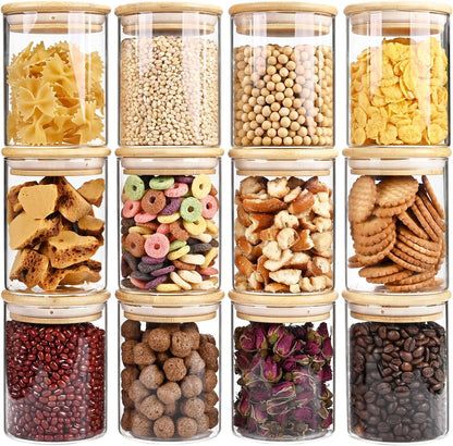 17oz Glass Food Storage Jars, Glass Jars with Bamboo Lids, Kitchen Storage Jars, Set of 12