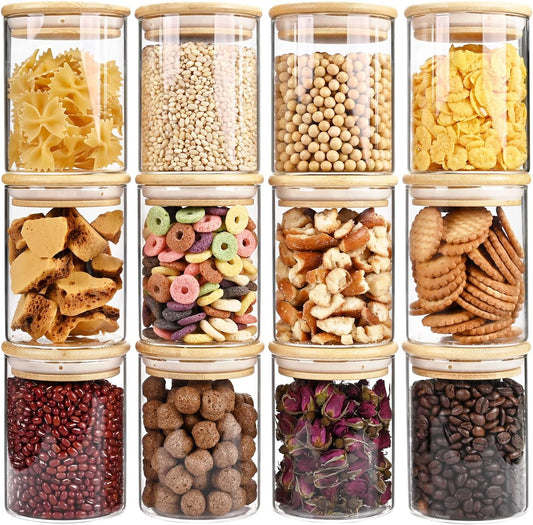 17oz Glass Food Storage Jars, Glass Jars with Bamboo Lids, Kitchen Storage Jars, Set of 12