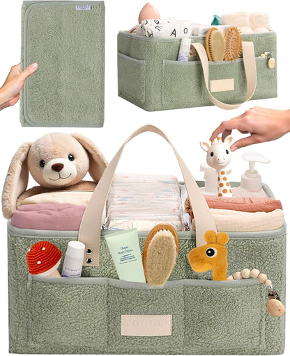 Baby Diaper Caddy Organizer with Portable Changing Mat - Teddy Fleece Diaper Organizer for Changing