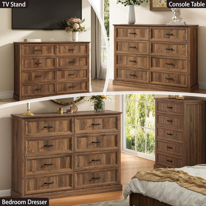 Farmhouse 8 Drawer Dresser for Bedroom, 55 Inch Wide Modern Walnut Dresser TV Stand with Large