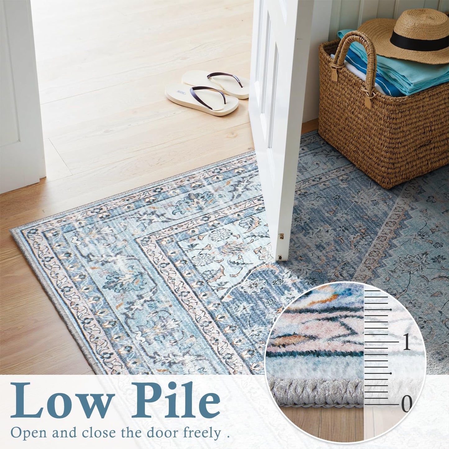 DCX Machine Washable Blue and Beige Area Rugs 5x7, Non Slip Stain Resistant Vintage Floral Rug for