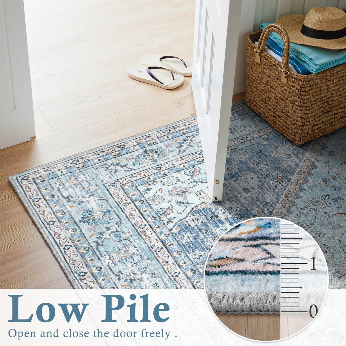 DCX Machine Washable Blue and Beige Area Rugs 5x7, Non Slip Stain Resistant Vintage Floral Rug for