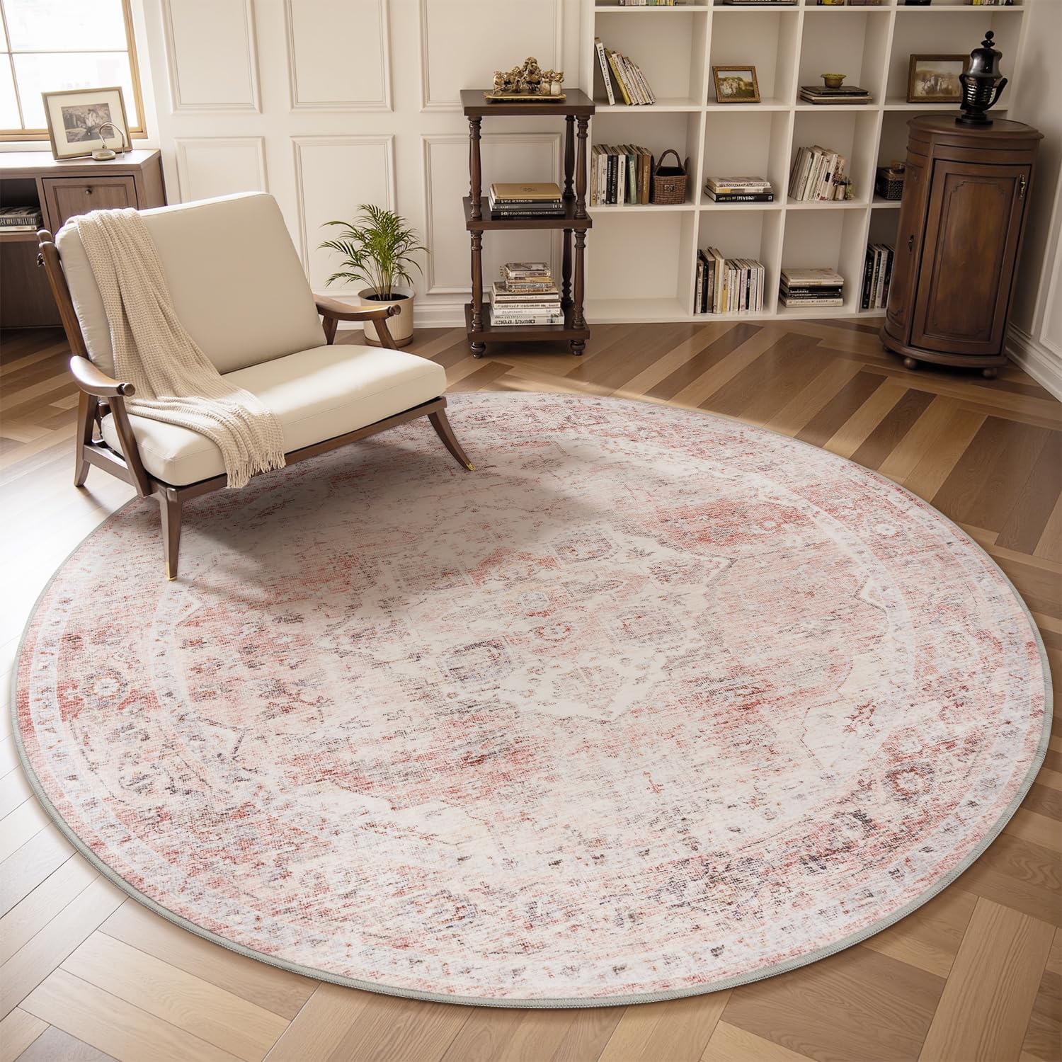 AMOAMI 6FT Round Vintage Soft Pink Rug - Non Slip Circle Machine Washable Rug for Living Room