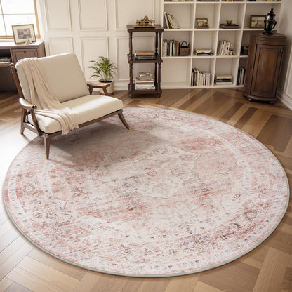 AMOAMI 6FT Round Vintage Soft Pink Rug - Non Slip Circle Machine Washable Rug for Living Room