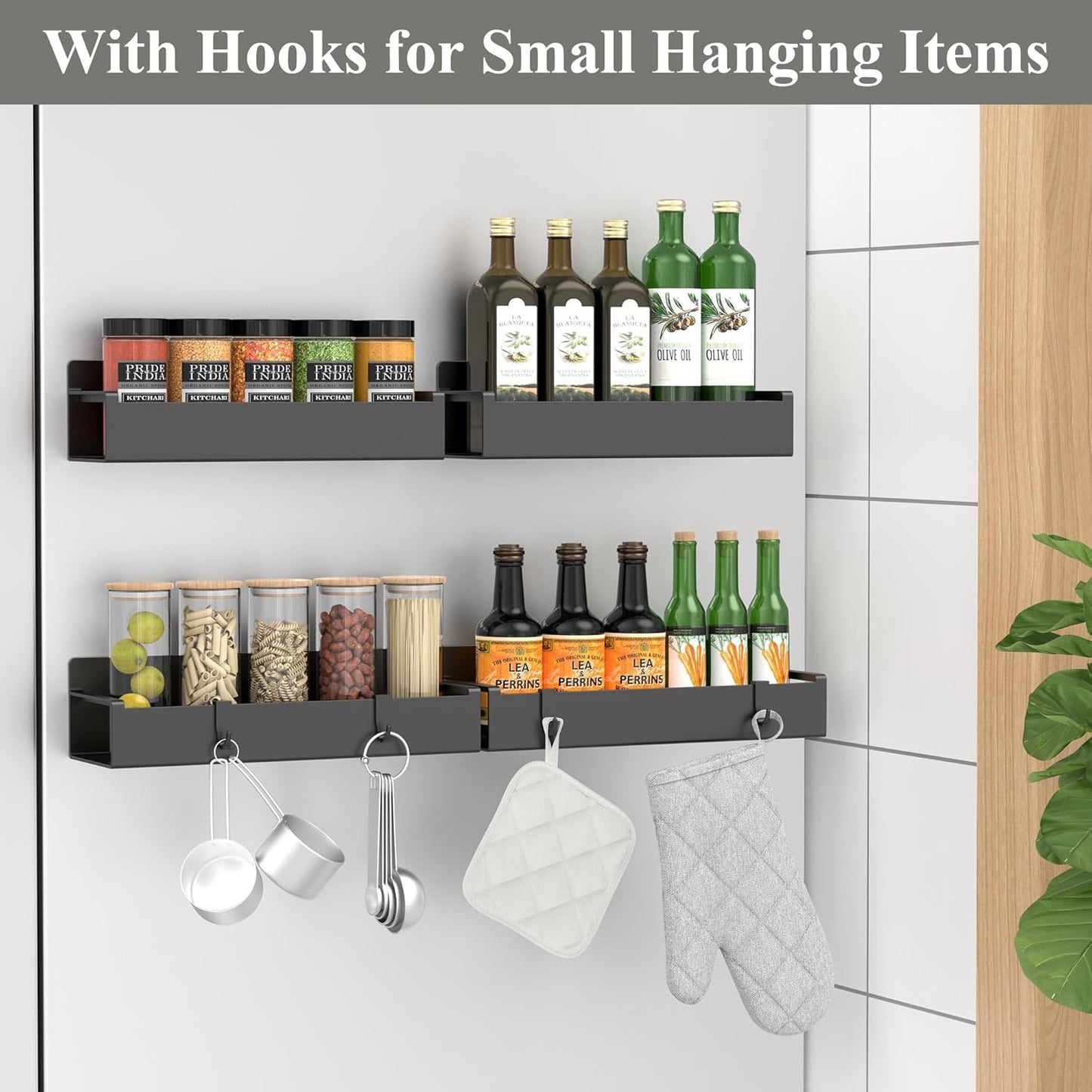 4 Pack Magnetic Spice Rack Organizer for Refrigerator and Oven, Black Fridge Organizers and Storage