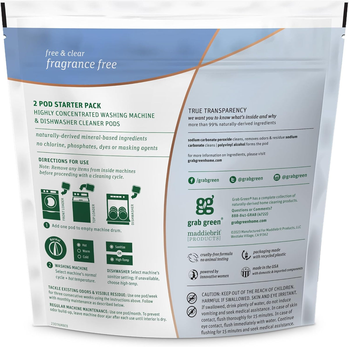 Grab Green Washing Machine Cleaner, 2 Count, Fragrance Free, Mineral Based Removes Deposits and