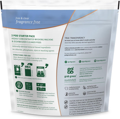 Grab Green Washing Machine Cleaner, 2 Count, Fragrance Free, Mineral Based Removes Deposits and