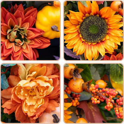 Fall Wreaths for Front Door 24 Inch Autumn Wreath with Sunflowers, Orange Dahlias, Maple Leaves &