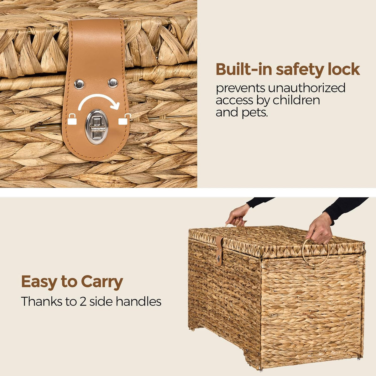 Handwoven Storage Basket with Lid, 165L Wicker Storage Bin, Natural Water Hyacinth, Leather Buckle