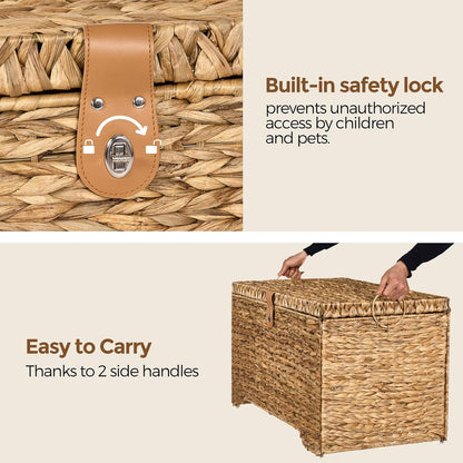 Handwoven Storage Basket with Lid, 165L Wicker Storage Bin, Natural Water Hyacinth, Leather Buckle