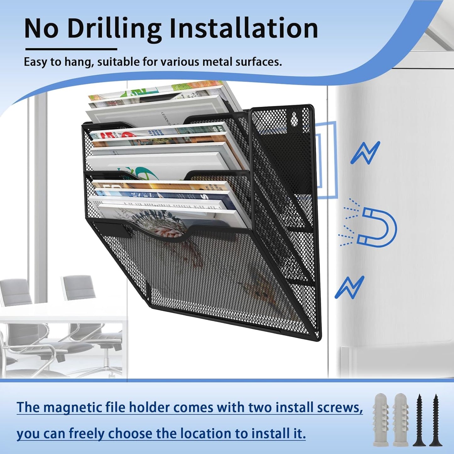 3-Tier Magnetic File Holder, No Drilling Installation File Cabinet Organizer, Black Magnetic File