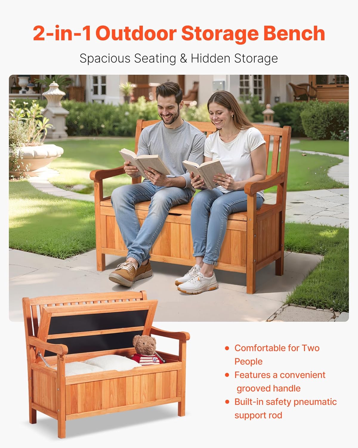 VEVOR Outdoor Storage Bench, 2-Person Wooden Storage Bench, 33 Gallons Deck Box with Side Handle