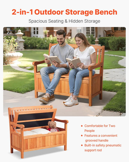 VEVOR Outdoor Storage Bench, 2-Person Wooden Storage Bench, 33 Gallons Deck Box with Side Handle