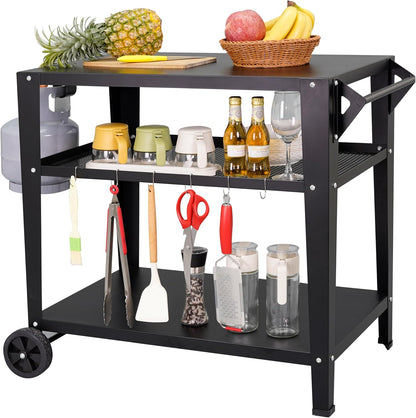 Black Outdoor Grill Cart with Wheels, Heavy-Duty 3-Tier BBQ Prep Table for Pizza Oven, Griddle
