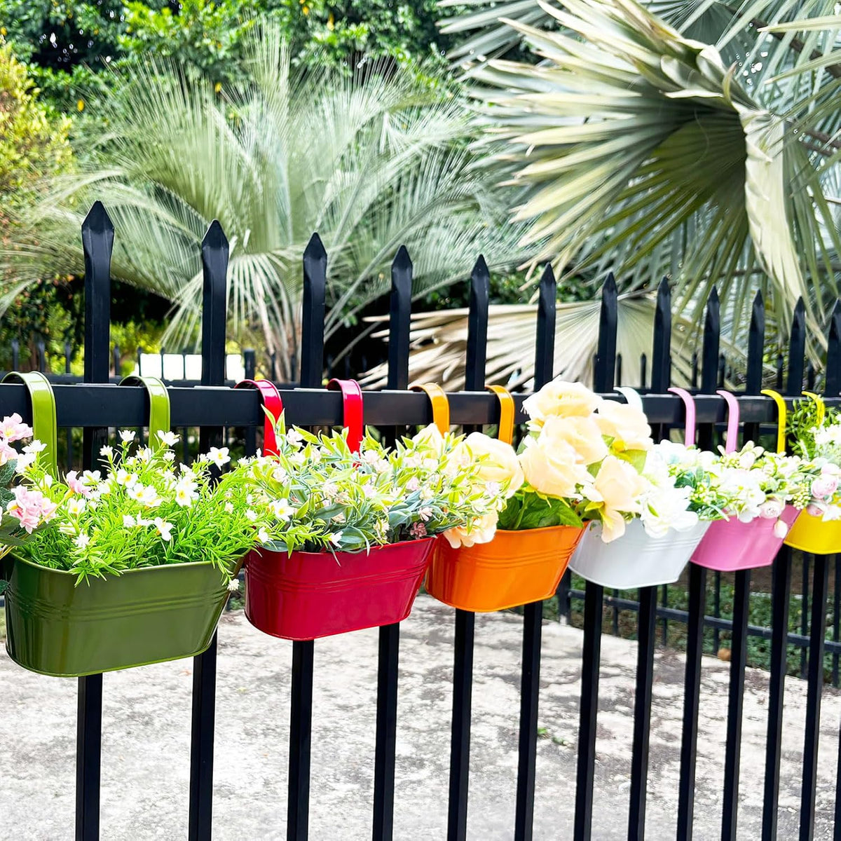 6 Pcs Railing Planter, 10" Metal Hanging Flower Pots for Outdoor Balcony Rails, Fence Pot Hanging