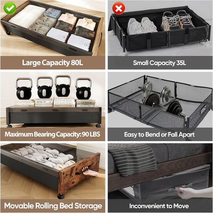 Wooden Under Bed Storage with Wheels, 80L Extra-large Rolling Under the Bed Storage Bins 2 Pack