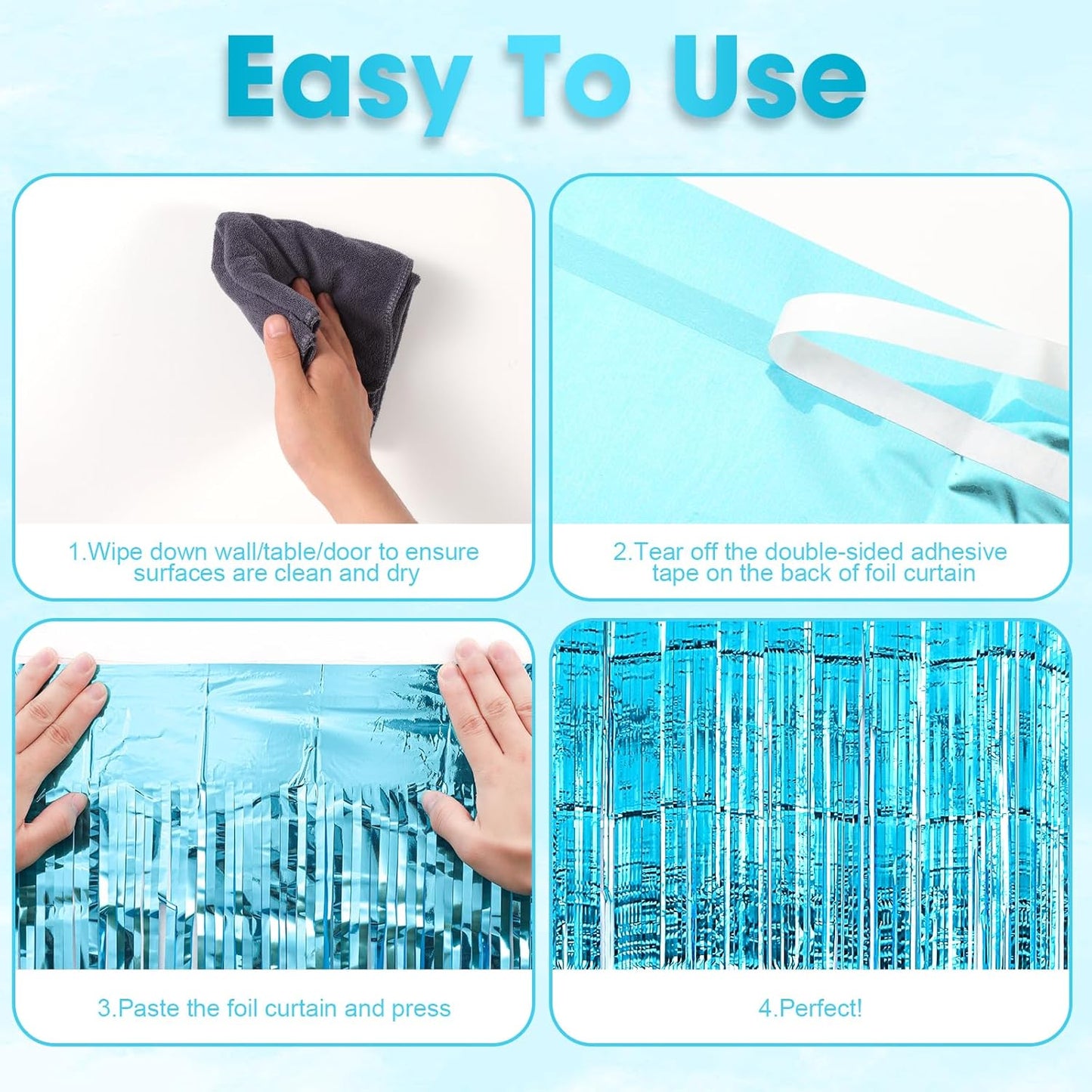 3 Pack 3.3x8.2 Feet Light Blue Foil Fringe Backdrop Curtains, Tinsel Streamers Birthday Party