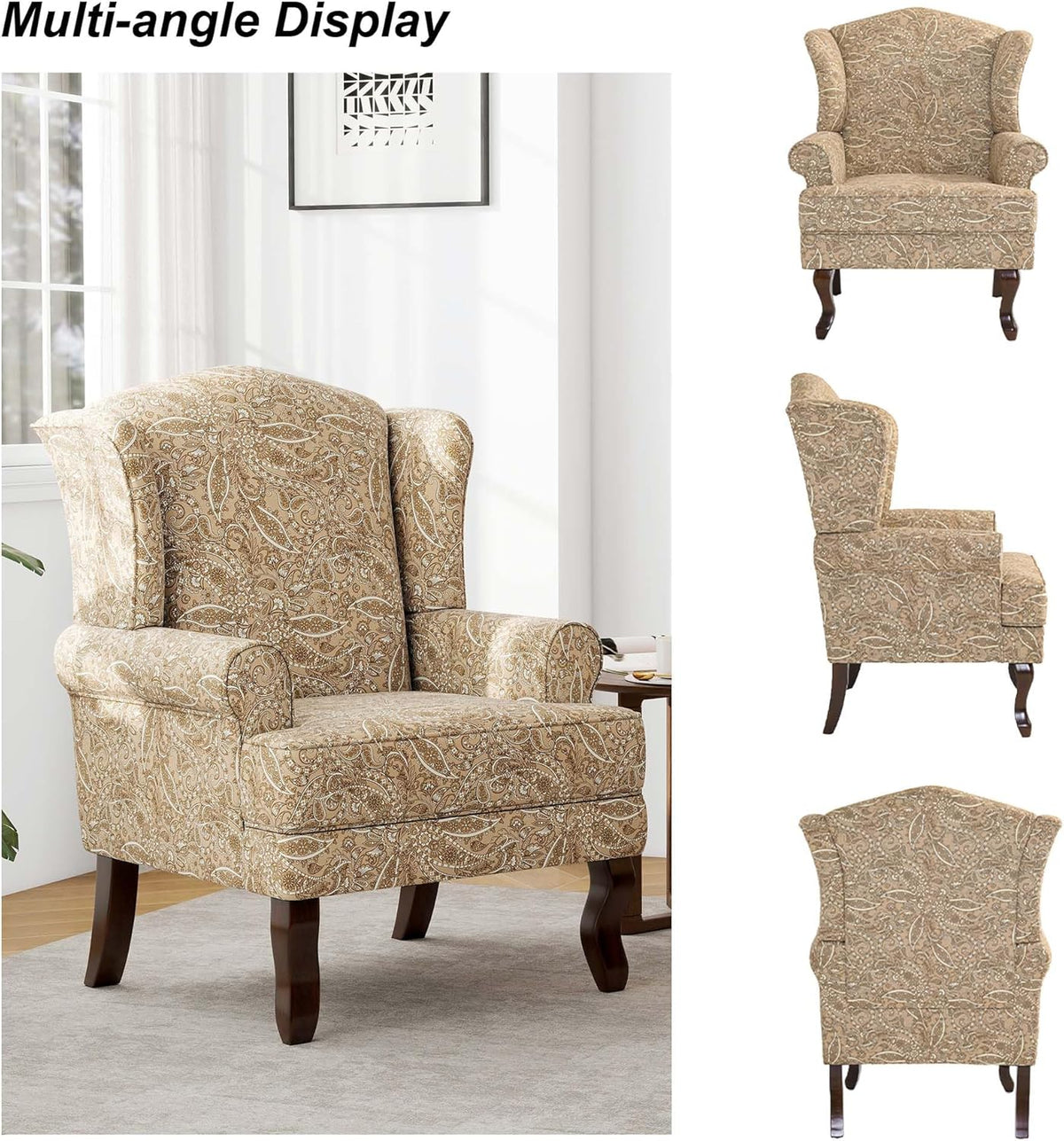 Accent Chair, High Back Upholstered Armchair with High Resilience Sponge & Wood Legs, Mid-Century