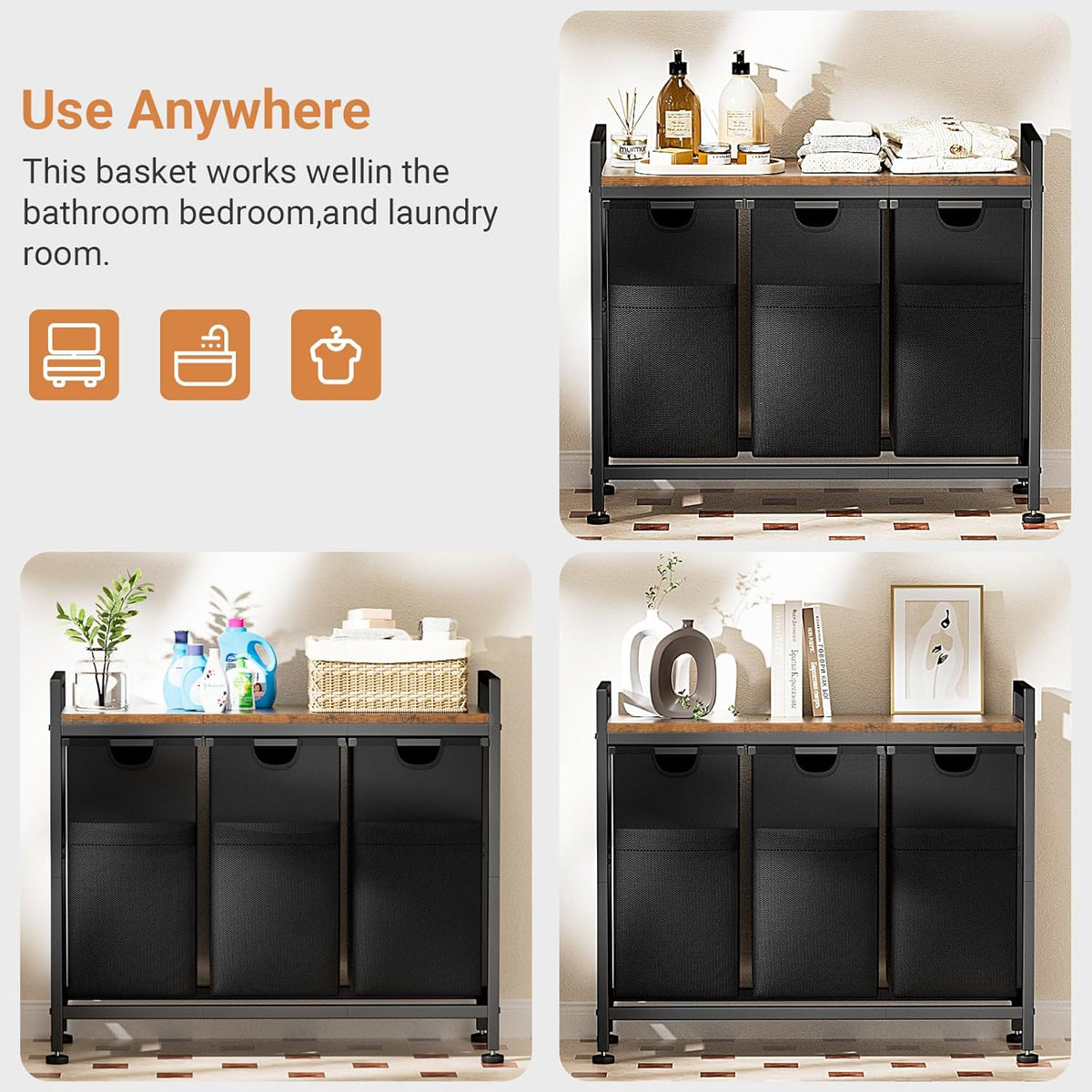 Lulive Laundry Hamper, Laundry Basket Organizer with 3 Pull-Out Removable Bags & Large Top Shelf, 3