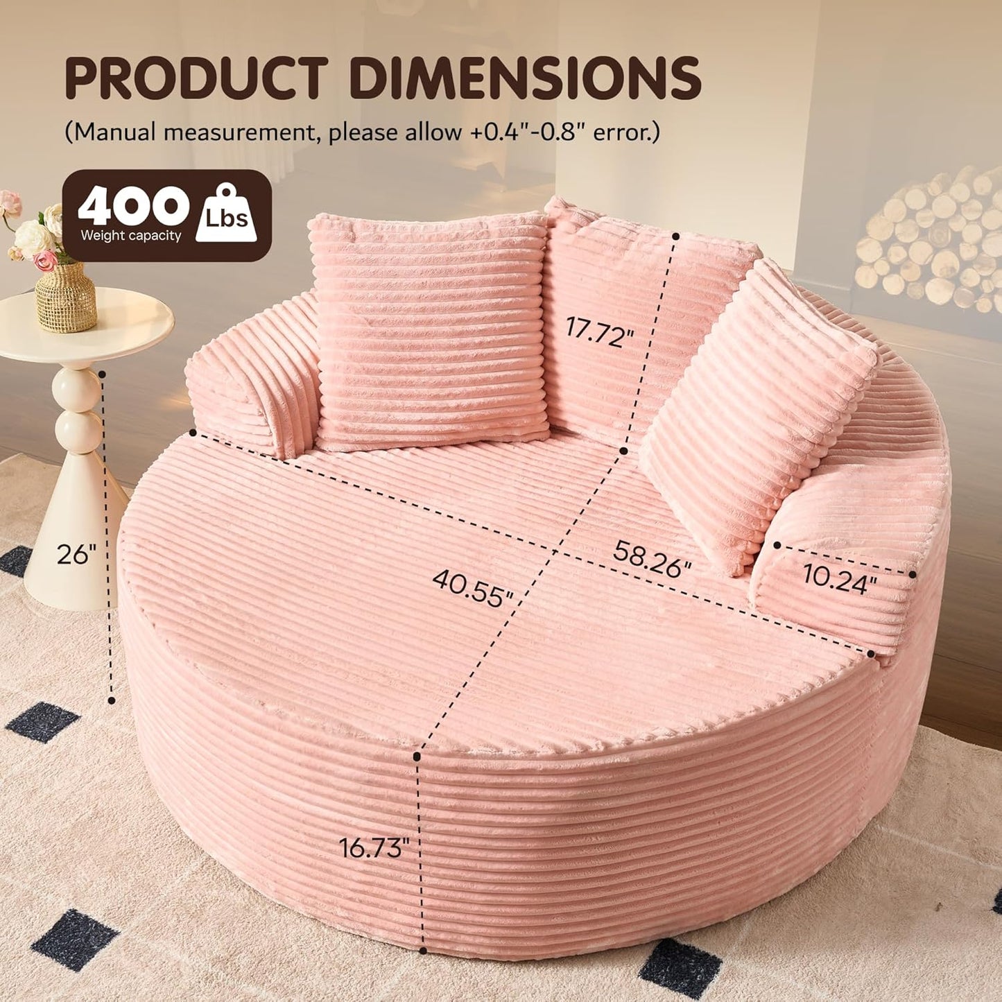 ovios 58" Oversized Round Chair Lounge Chaise Indoor, No Assembly Required, Cloud Large Circle