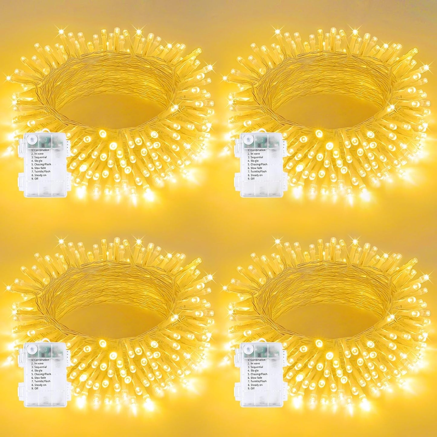 4 Pack String Lights Battery Operated with Timer, 66FT 200 LED Waterproof Battery Twinkle Lights, 8