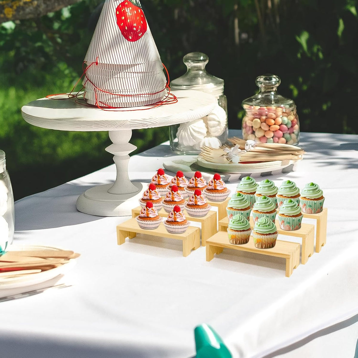 Display Wood Risers Wooden Stand 3 Tier Wood Racks Decorative Rectangular, 2 Set 6 Piece Cupcake