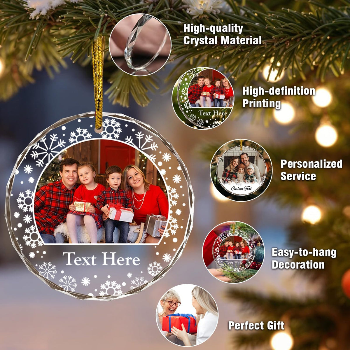 Personalized Photo Crystal Ornaments, Custom Glass with Picture for Christmas, Customized Crystal