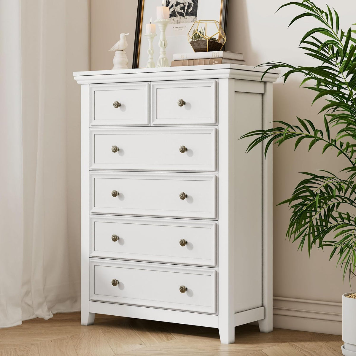 BLANKSPACE White Farmhouse Dresser, 6 Chest Drawer Dresser for Bedroom, Large Capacity Nightstand