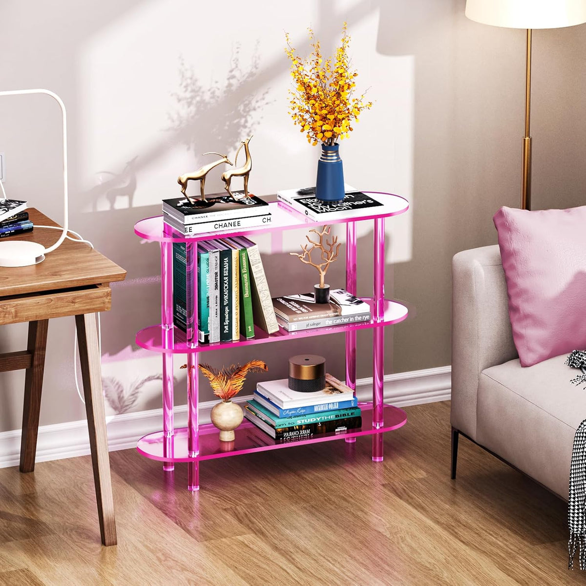 Clear Bookshelf, Acrylic Bookcase with Open Book Shelf Console Table for Entryway Office (3 Tier