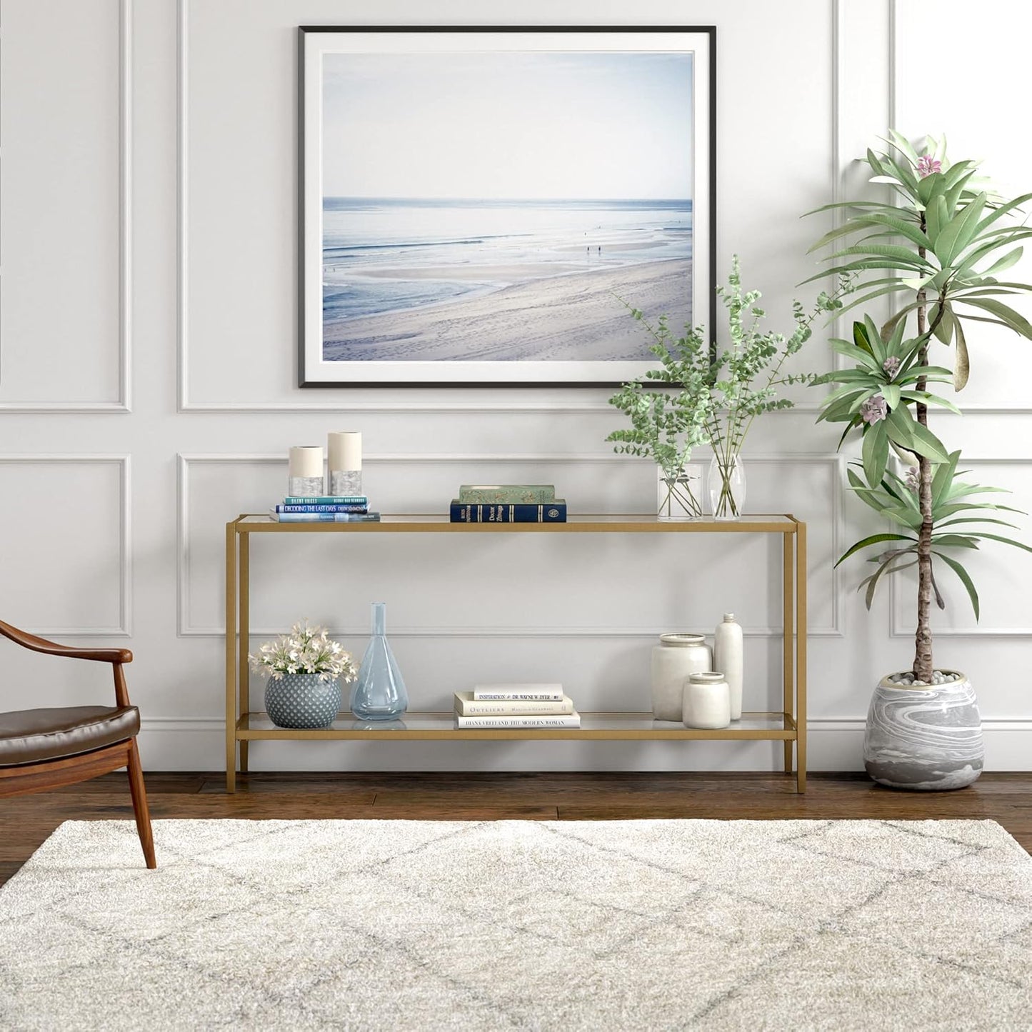 Henn&Hart 64" Wide Rectangular Console Table with Glass Shelf in Brushed Brass, Entryway Table
