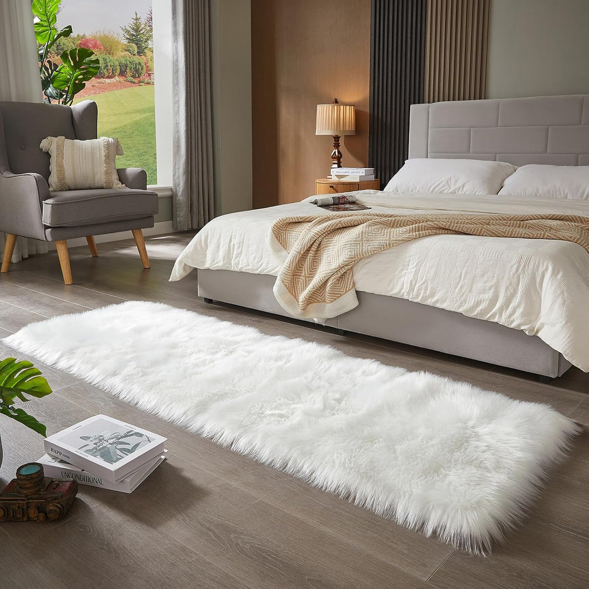 AMTOVO Faux Fur Rug, White Ultra Soft Fluffy Shag Sheepskin Rug, 2 x 6 ft Runner Area Rugs for